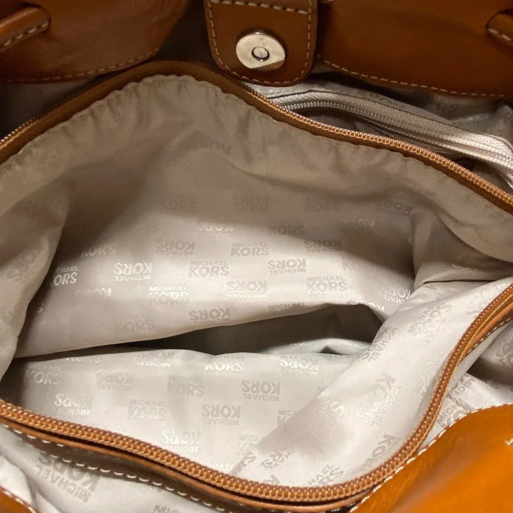 Michael Kors Brookville Large Tote Bag MK Saddle Khaki Canvas Brown Leather EUC